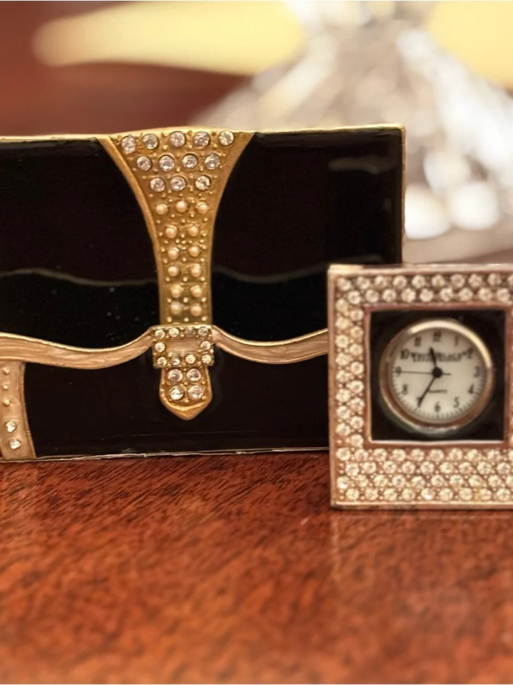 BLING SET CARD HOLDER AND CLOCK IN BLACK WITH RHINESTONES IN GOOD CONDITION